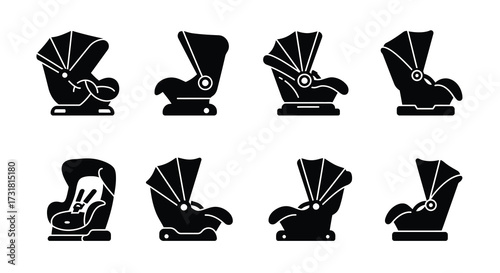 Various styles of baby strollers and car seats shown in silhouette