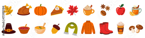 Thanksgiving and fall seasonal clip art including turkey, pumpkin, pie, autumn leaves, warm drinks, and cozy clothing