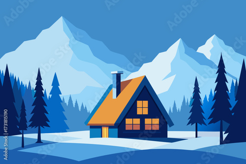 A simple cartoon illustration of a snowy cabin in a forest background vector illustration