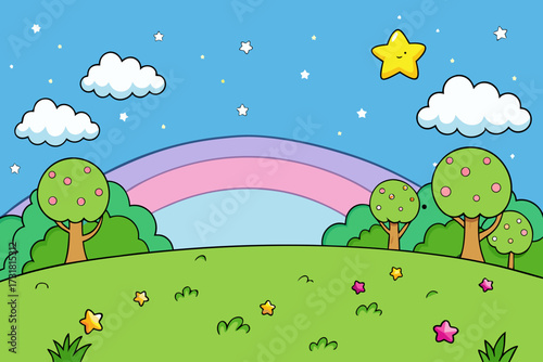 A simple cartoon illustration of a starry fantasy meadow background vector illustration