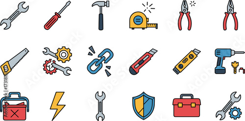 Flat Line Art Construction and Repair Hand Tools Icon Set Collection