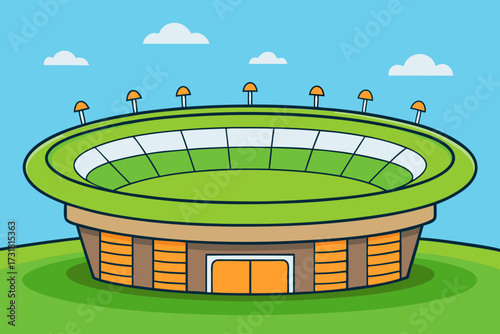 A simple cartoon background of a sports stadium with a green field vector illustration