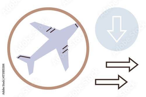 Airplane enclosed in a circle, downward arrow, and two directional arrows. Ideal for travel, transport, navigation, logistics, aviation guidance and movement concepts. Minimalist flat metaphor