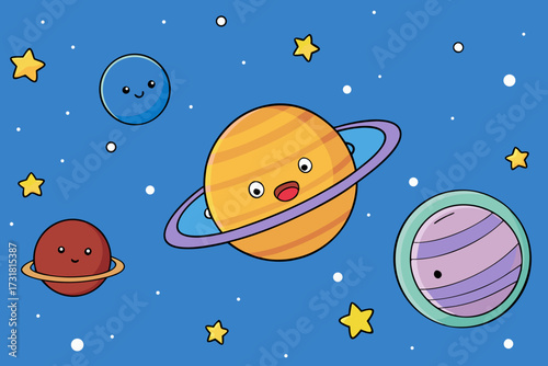 A simple cartoon background of space with planets and stars vector illustration