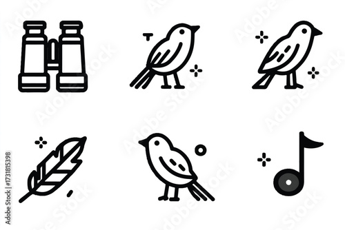Birdwatching icons set featuring binoculars birds feather and musical note representing hobbies and nature exploration