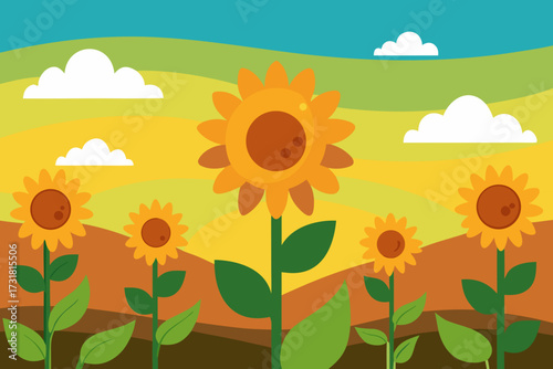 A cartoon illustration of a sunflower field at dawn vector illustration