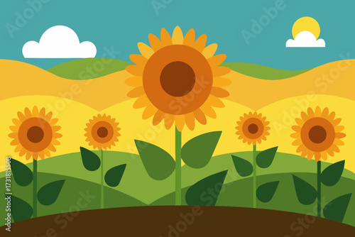 A simple cartoon of a sunflower field at dawn vector illustration
