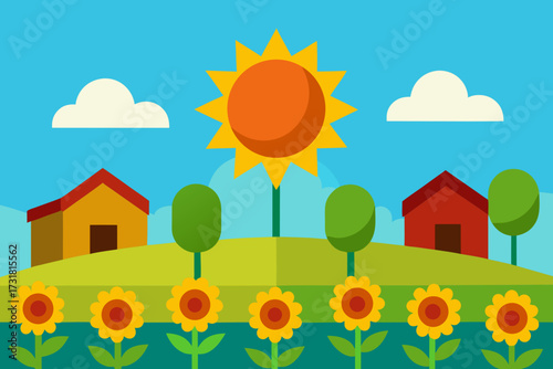 A beautiful cartoon scene of a sunflower farm under a bright sun vector illustration