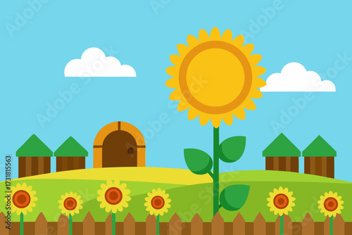 A cartoon illustration of a sunflower farm under a bright sun vector illustration