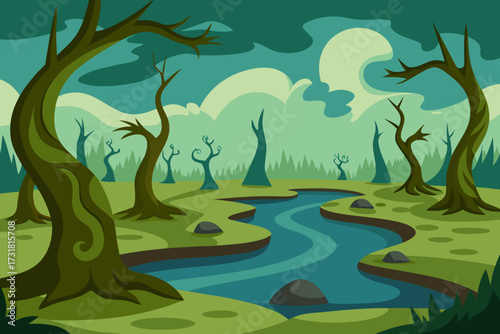 A simple cartoon of a swamp with twisted trees vector illustration