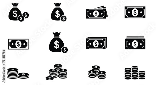 Black and white icons depicting money currency and financial wealth