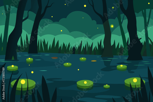 A magical cartoon scene of a swamp with fireflies vector illustration