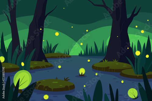 A cartoon illustration of a swamp with fireflies vector illustration