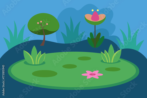 A cartoon illustration of a swamp with lily pads vector illustration