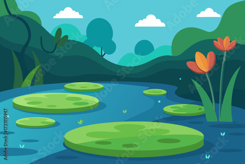 A serene cartoon scene of a swamp with lily pads vector illustration