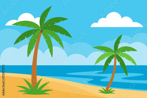 A cartoon illustration of a tropical beach with palm trees vector illustration