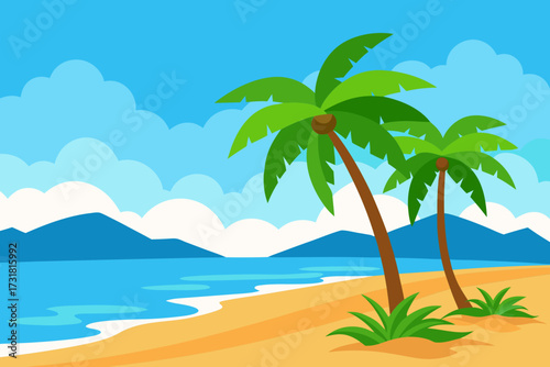A beautiful cartoon scene of a tropical beach with palm trees vector illustration