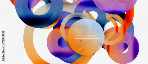 Abstract colorful shapes overlap, creating dynamic composition. Vivid hues blend, forming modern background design. Smooth gradients enhance visual appeal.