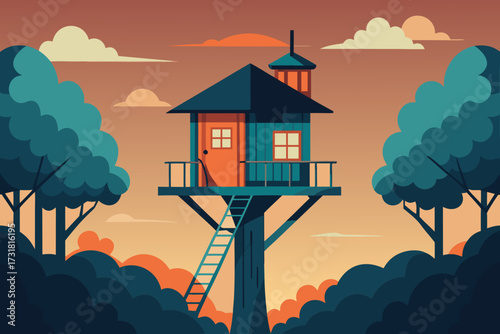 A cartoon illustration of a treehouse vector illustration