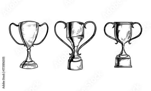 Cup winner set. sketch. Hand Drawn Trophy vector Illustration