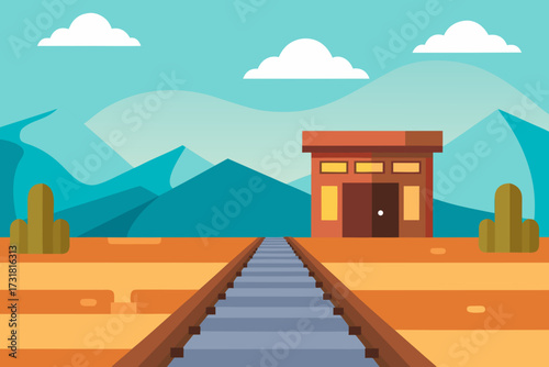 A cartoon train station background with tracks vector illustration