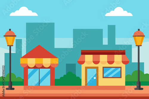 A cartoon street background with shops and a lamp post vector illustration