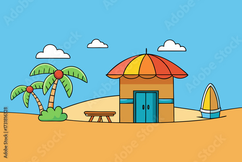 A simple cartoon illustration of a summer beach hut with a surfboard vector illustration