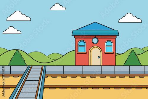 A simple cartoon background of a train station with tracks vector illustration