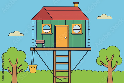 A simple cartoon illustration of a treehouse with a ladder and ropes vector illustration