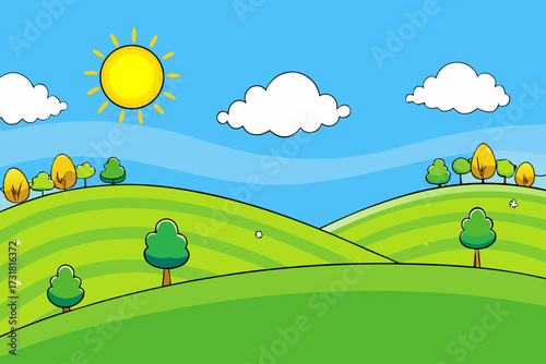 A simple cartoon background of a sunny meadow with rolling green hills vector illustration