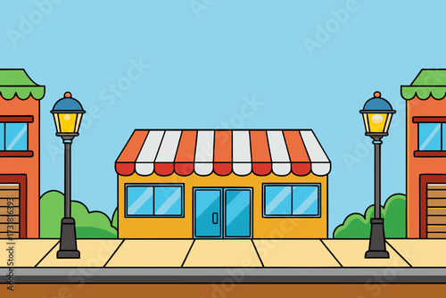 A simple cartoon background of a street with shops and a lamp post vector illustration