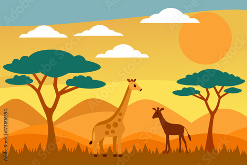 A charming cartoon of a savanna plain with giraffes vector illustration
