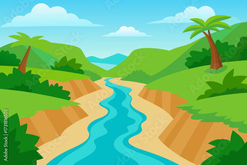 A dramatic cartoon of a river in a jungle canyon vector illustration