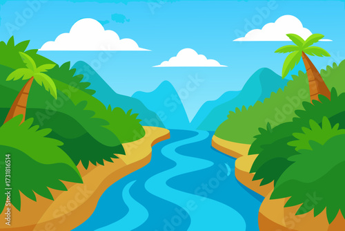 A cartoon illustration of a river in a jungle canyon vector illustration