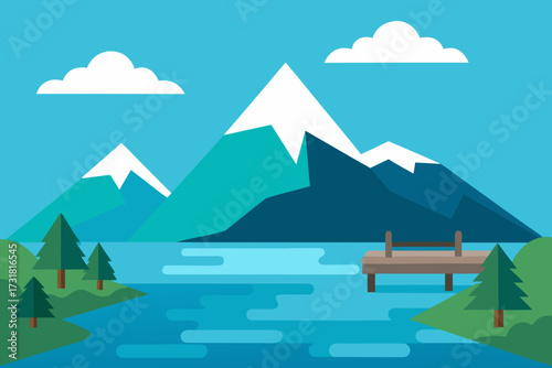 A cartoon illustration of a mountain lake with a dock vector illustration