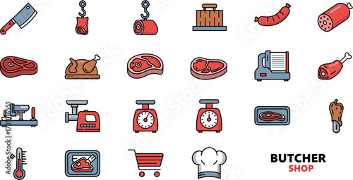 Flat Design Assorted Butchery Element and Equipment Icon Set Illustration