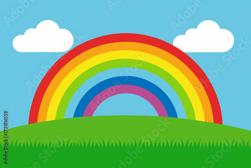 A cartoon illustration of a rainbow over a grassy meadow vector illustration