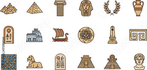 Flat Line Art Cultural Ancient Civilizations Historic Landmarks Icon Set