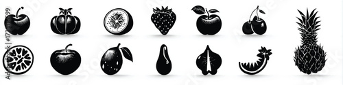 Black and white vector set of various fruits including apple citrus strawberry cherry pineapple and fig illustration