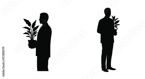 Silhouettes of two men with a potted plant on a white background