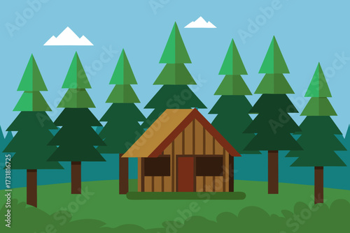 A cartoon illustration of a pine forest with a wooden hut vector illustration