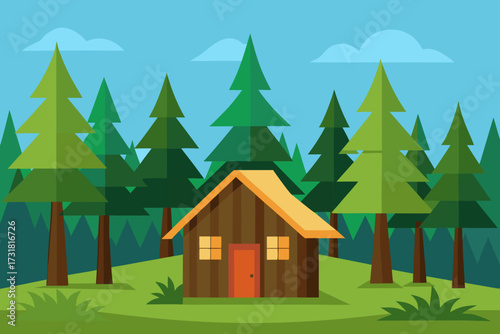 A simple cartoon of a pine forest with a wooden hut vector illustration