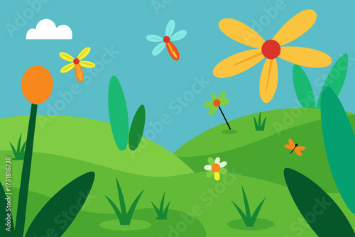 A simple cartoon of a meadow with dragonflies vector illustration