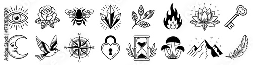 Black and white mystical and nature vector illustrations, including eye, rose, bee, crystal, leaves, flame, lotus, key, moon, bird, hourglass, mushrooms, mountains, feather