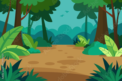 A cartoon illustration of a rainforest floor with plants vector illustration