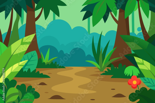 A lush cartoon scene of a rainforest floor with plants vector illustration