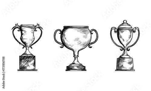 Cup winner set. sketch. Hand Drawn Trophy vector Illustration