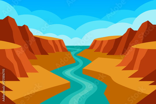 A majestic cartoon scene of a river flowing through a canyon vector illustration