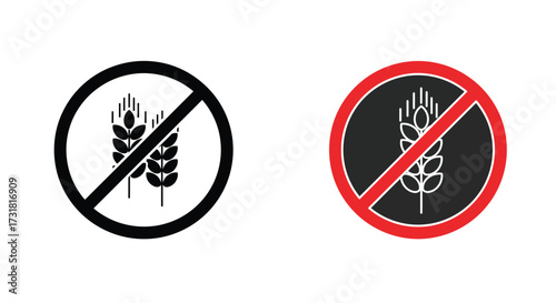 Wheat prohibition symbols black and red circles with crossed grain stalks