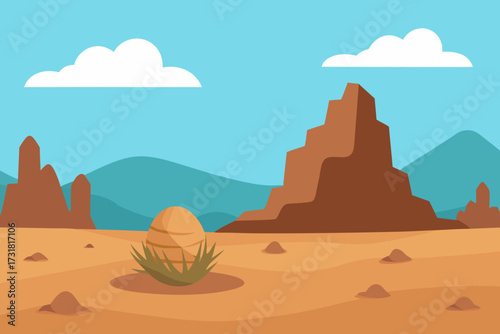 A simple cartoon of a rocky desert with tumbleweed vector illustration